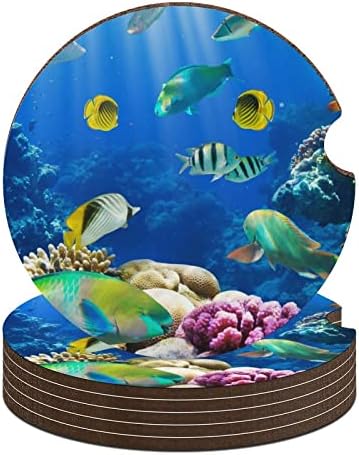 דגים טרופיים ושונית אלמוגים Wooden Car Cup Coasters Cup Holder Non-Slip Mat Interior Decoration Gift סט